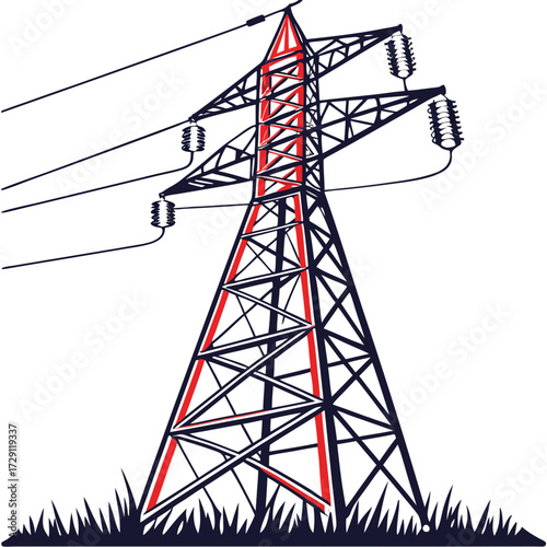 Stylized illustration of a tall electricity pylon with red accents standing in green grass against a white background