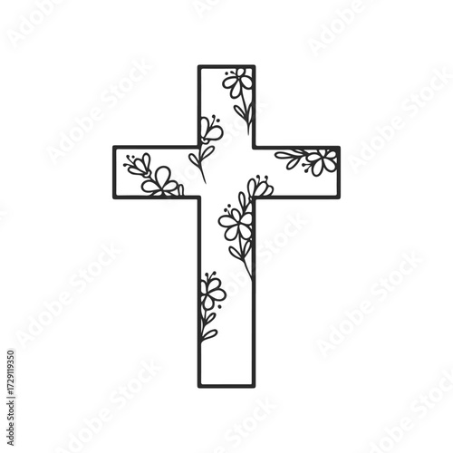 Floral patterned christian cross design with decorative flowers on white background