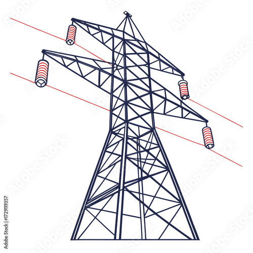 Stylized illustration of a tall metal lattice electricity pylon with red power lines and insulators on a white background