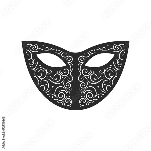 Ornate black masquerade mask with intricate floral patterns on a white background