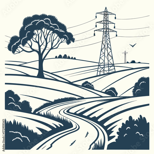 Stylized illustration of a winding road through rolling hills with a large tree and power lines
