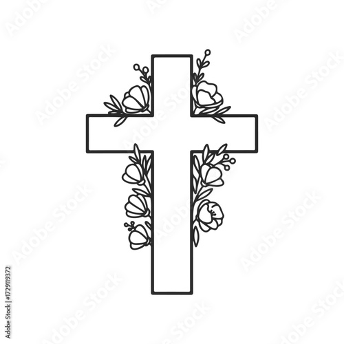 Floral cross outline with decorative flowers on white background