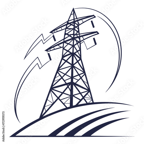 Stylized illustration of an electricity pylon with lightning bolts and curved lines representing energy flow