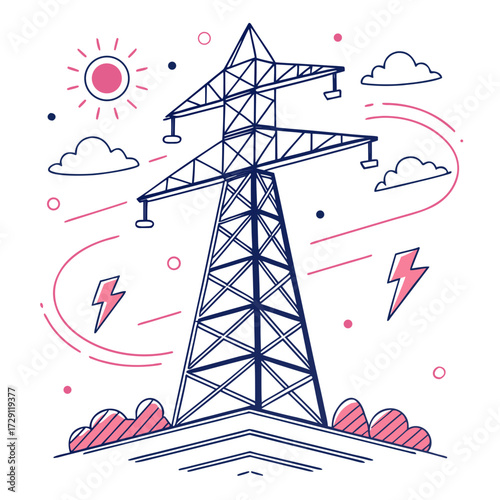 Stylized illustration of an electricity pylon with sun clouds and lightning bolts on a white background