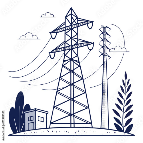 Stylized illustration of electricity pylons and power lines with a small building and vegetation