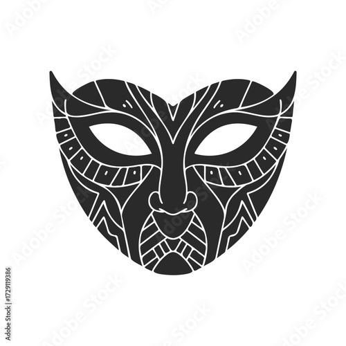 Decorative black tribal mask with intricate patterns on white background