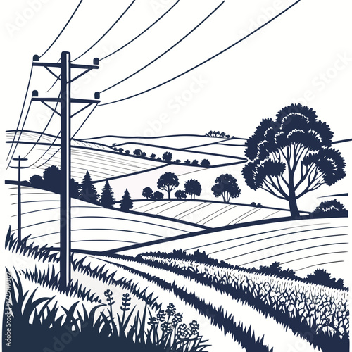 Stylized silhouette of rolling farmland with power lines and trees under a bright sky