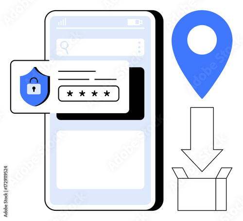 Smartphone interface features password protection with a security shield, a location pin, and a download arrow pointing to a package. Ideal for security, privacy, navigation, technology, apps