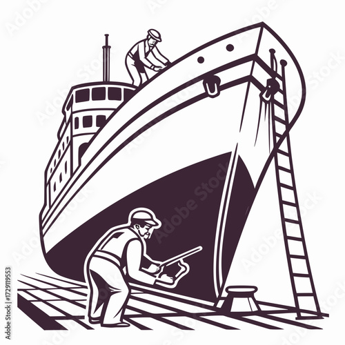 Two shipbuilders working on a large vessel in a dry dock with a ladder and scaffolding