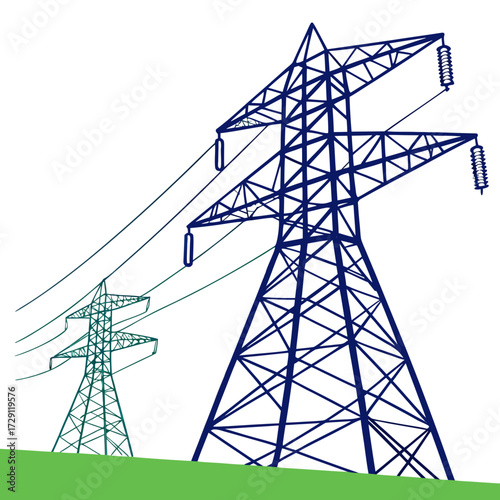Two stylized power pylons with transmission lines against a white background and green ground