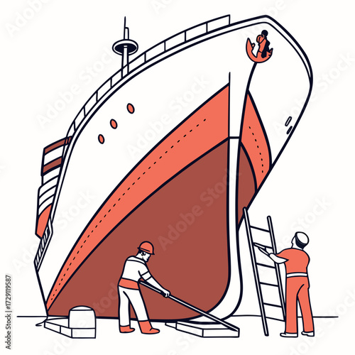 Two workers in a dry dock performing maintenance on the hull of a large ship with an anchor