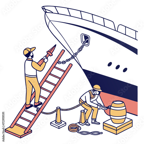 Two workers in a harbor secure a large ship using ropes and a ladder with a barrel for stability