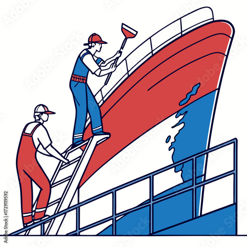 Two workers in blue and red overalls painting the side of a large ship with a brush and ladder