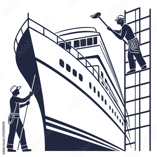 Two workers cleaning a large ship with brushes and ladders on a white background