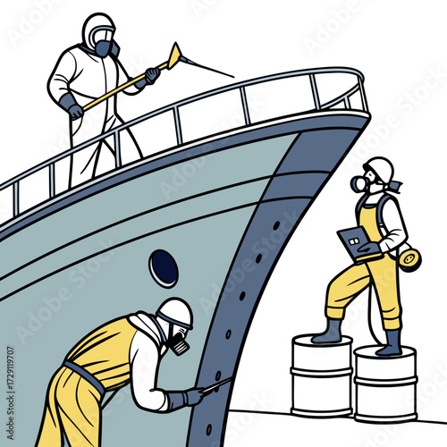 Workers in protective suits performing maintenance and inspection tasks on a large ship s hull