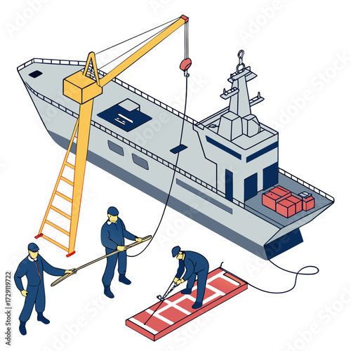 Workers in uniform using a crane and ropes to load cargo onto a modern ship at a dock