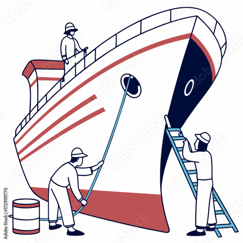 Workers performing maintenance and repairs on the hull of a large ship with ropes and ladders