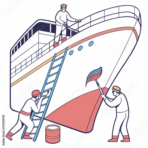 Workers painting the hull of a large ship with a ladder and paint can symbolizing maritime industry and maintenance