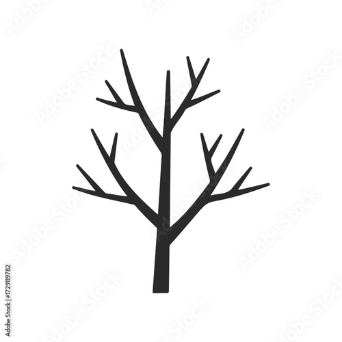 Silhouette of leafless tree with bare branches on white background
