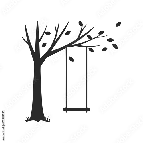 Silhouette of a tree with a hanging swing on a branch
