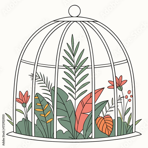 A charming illustration of a vintage birdcage filled with lush green tropical plants and vibrant coral colored flowers creating a miniature botanical garden