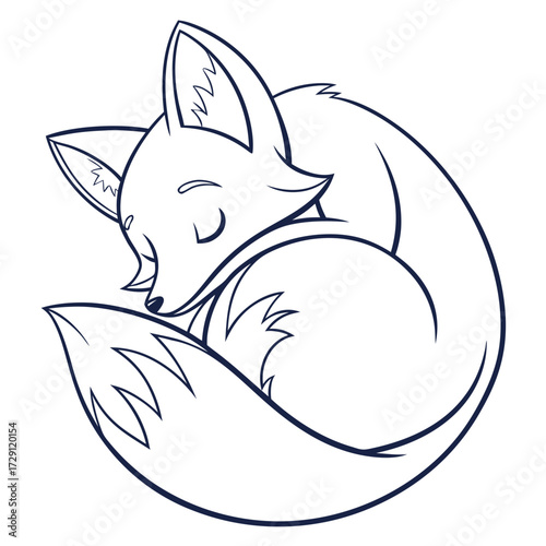 A charming minimalist line art illustration of a cute fox curled up asleep with its bushy tail wrapped around its body in a peaceful slumber
