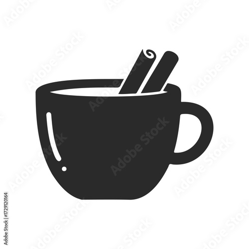 Black silhouette of coffee mug with cinnamon sticks on white background