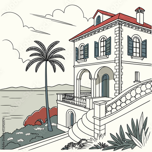 A charming illustration of a white villa with a red tiled roof and blue shutters overlooking a calm sea with a tall palm tree and lush greenery