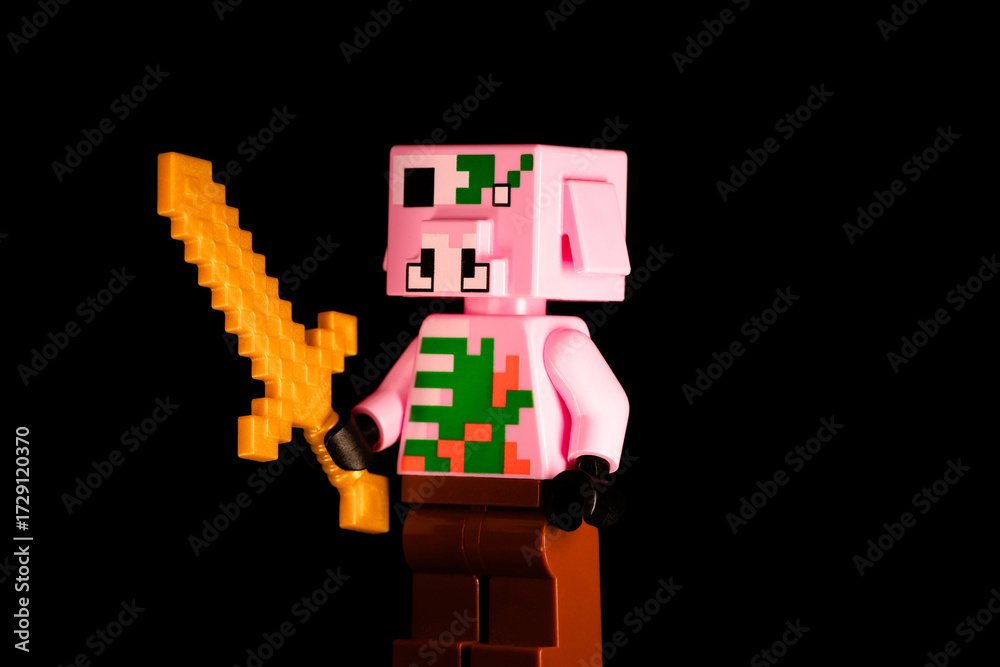 Obraz premium LEGO Minecraft Zombie Pigman with a golden sword stands in the dark