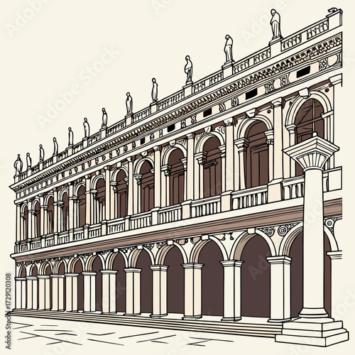 A detailed line drawing illustration of a grand renaissance style building with multiple arches and columns featuring statues along the rooftop a classic architectural facade
