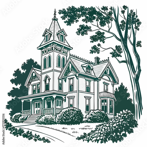 A detailed line drawing illustration of a grand victorian era mansion with a prominent tower and lush surrounding trees and bushes on a white background