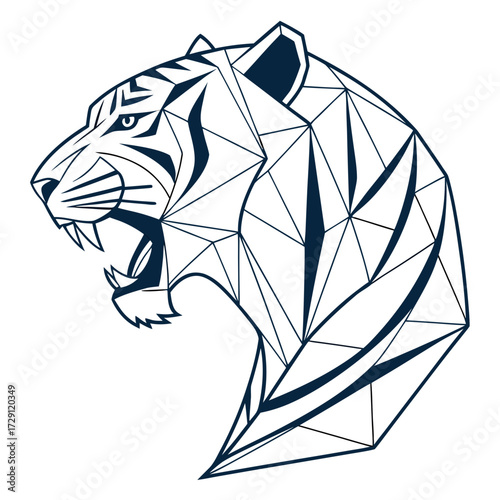 A fierce geometric tiger head roaring with sharp teeth and intense eyes rendered in a minimalist dark blue outline on a white background