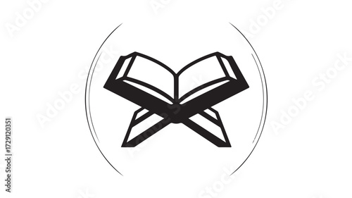 Elegant black and white icon of an open Quran on a stand, symbolizing faith, knowledge, and spiritual guidance for Islamic cultural representation and religious themes.