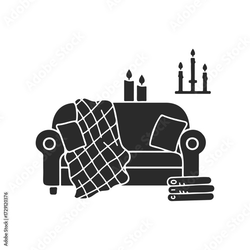 Cozy living room scene with sofa, candles, and blankets in minimalist style