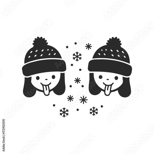 Cute cartoon girls in winter hats catching snowflakes with tongue
