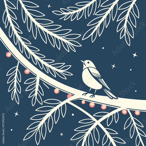 A whimsical winter illustration of a little bird perched on a festive evergreen branch against a starry night sky