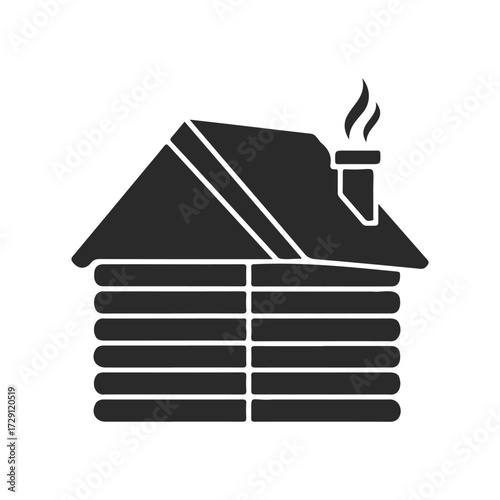 Simple black log cabin icon with smoke from chimney