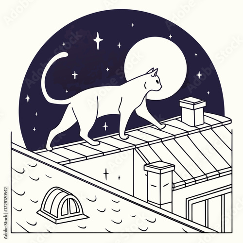 A sleek white cat gracefully walks across a rooftop under a large full moon and starry night sky in a minimalist line art style illustration