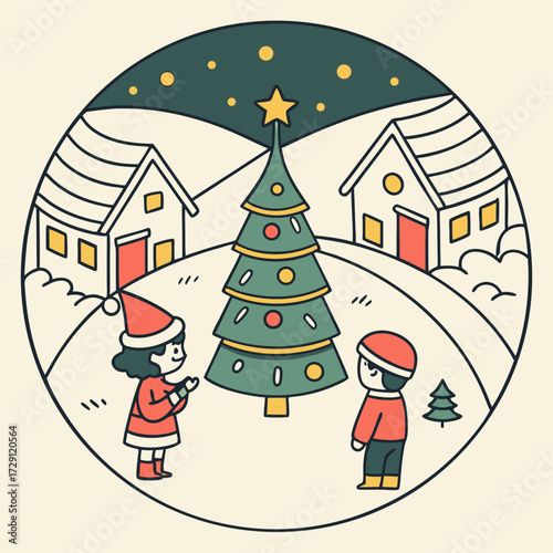 Charming illustrative scene of two children celebrating a peaceful winter night, admiring a beautifully decorated Christmas tree under a starry sky, evoking the festive joy of the holiday season