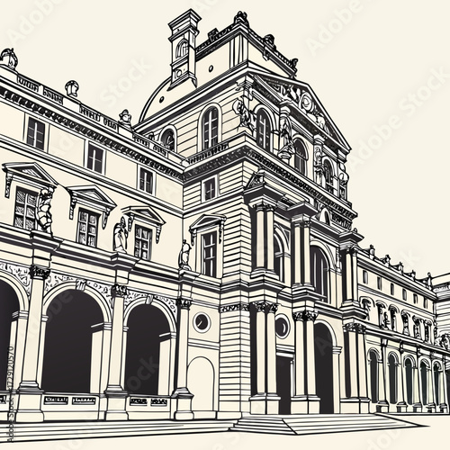 A striking black and white line drawing illustration of a grand classical european architectural building with ornate details arches columns statues and a dome against a plain background