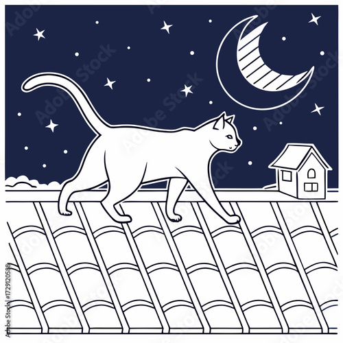 A solitary white cat gracefully walks across a tiled roof under a starry night sky with a crescent moon and a small house