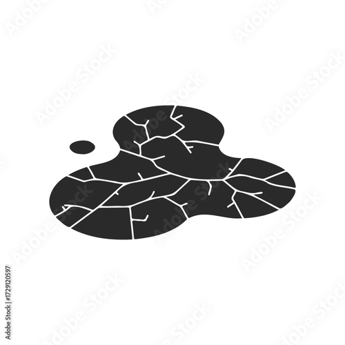 Drying mud puddle with cracked surface on white background