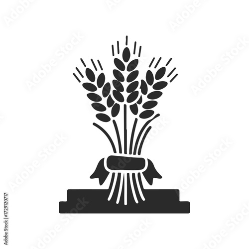 Wheat sheaf icon with ribbon on stand - black and white agricultural symbol