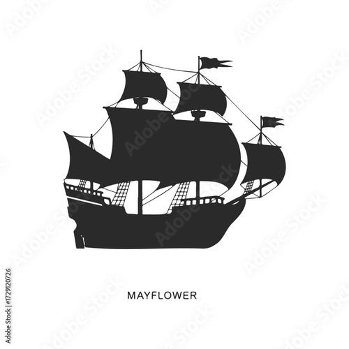 Silhouette of historical mayflower ship with sails on white background