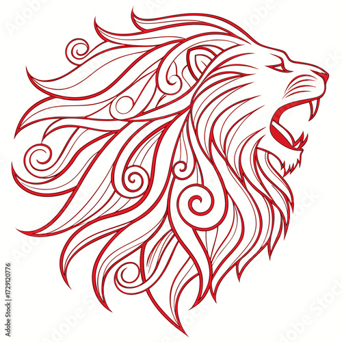 A stylized roaring lion head with a flowing mane rendered in bold red lines against a clean white background evoking power and elegance