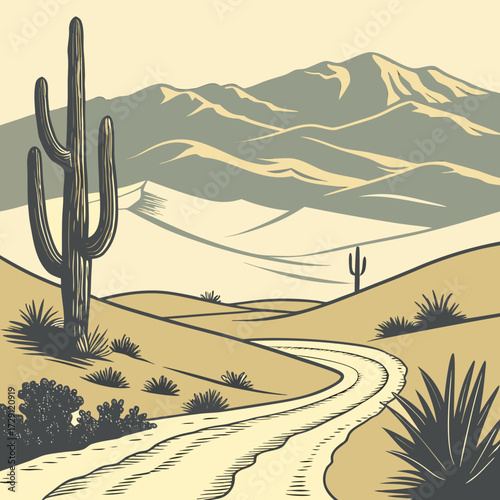 A winding dirt road leads through a stylized desert landscape with saguaro cacti arid vegetation and distant mountains under a pale sky