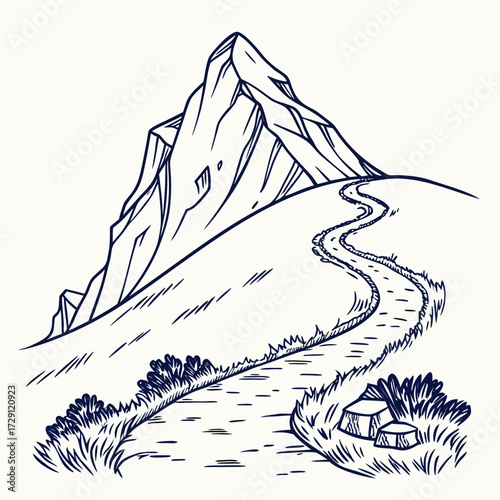 A winding path leads up a grassy slope towards a majestic jagged mountain peak under a clear sky evoking adventure and exploration