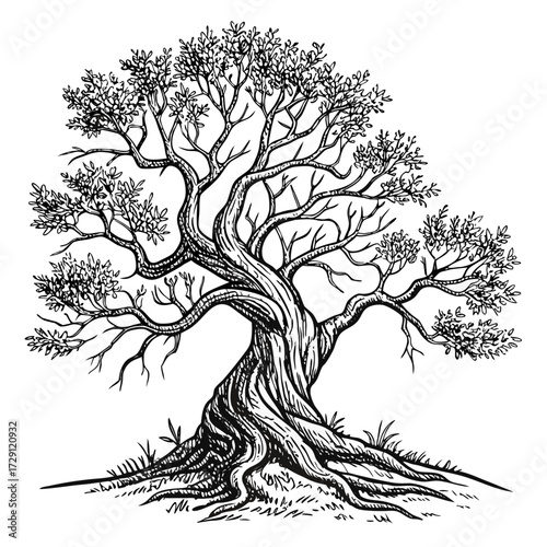 An ancient gnarled and twisted tree with exposed roots and sparse leaves drawn in a detailed black and white ink sketch style on a white background
