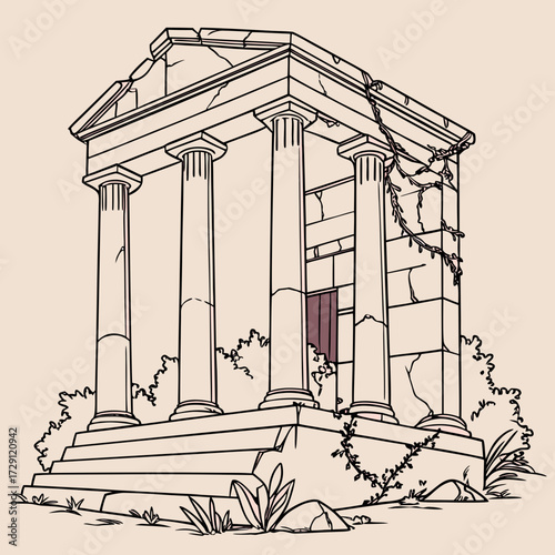 An ancient greek temple ruin with weathered stone columns and overgrown vines depicting a sense of history and decay