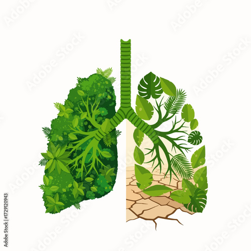 A symbolic representation of respiratory health tied to environmental conditions, featuring green forest versus dry, cracked earth within human lungs